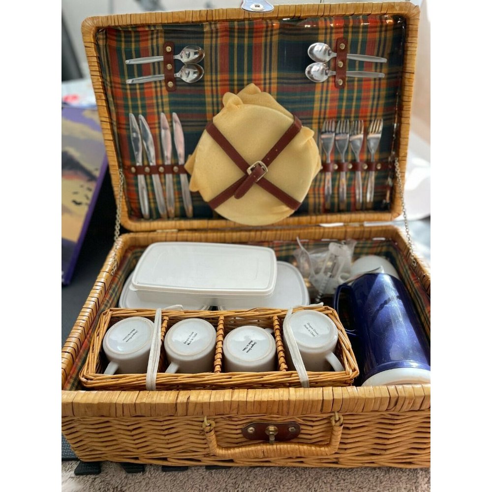 Picnic Basket Set for 4 Person, Includes Silverware, Glasses and Accessories